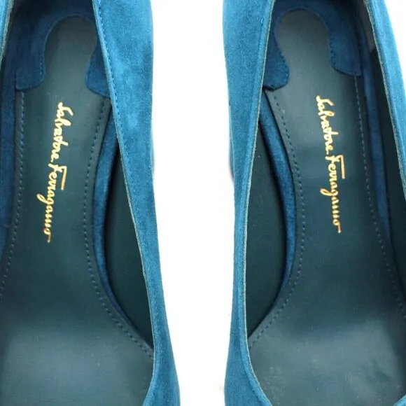 Salvatore Ferragamo 'Arezzo 85' Cypress Blue Suede Pump Heels 6 or 7 $595 Shoes