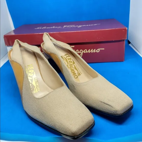 Salvatore Ferragamo Beige cream bi mix material sling back heels 5.5