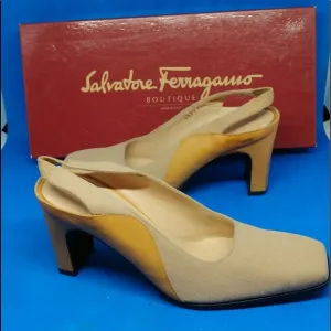 Salvatore Ferragamo Beige cream bi mix material sling back heels 5.5