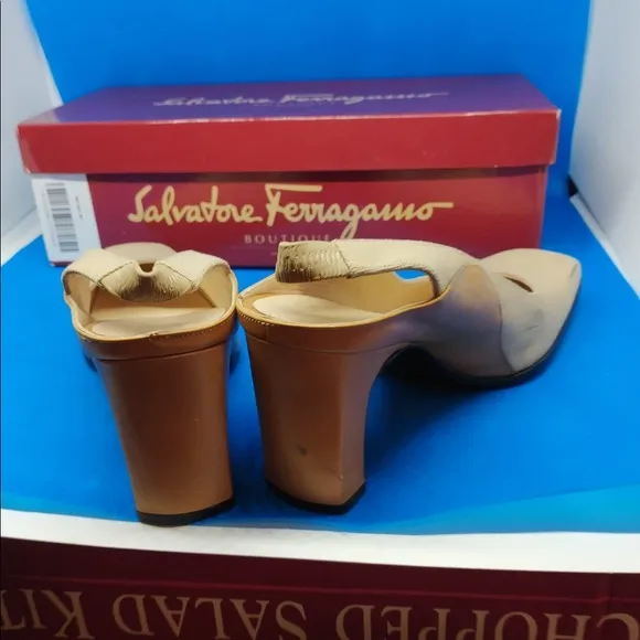 Salvatore Ferragamo Beige cream bi mix material sling back heels 5.5