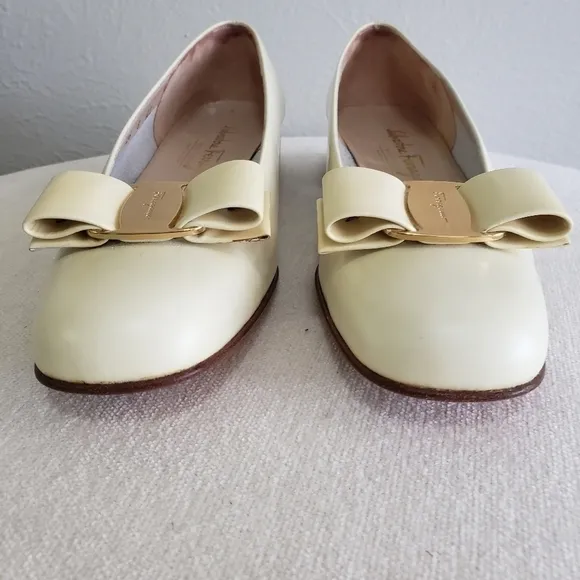 Salvatore Ferragamo Bone Calf Vera Gossamer Bow Gold Buckles