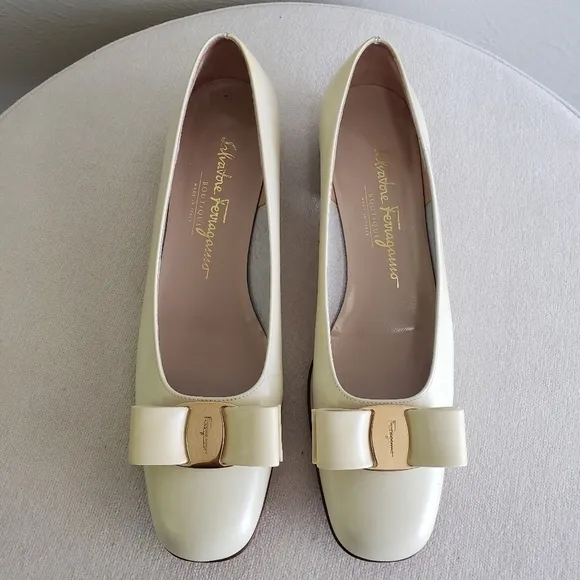 Salvatore Ferragamo Bone Calf Vera Gossamer Bow Gold Buckles