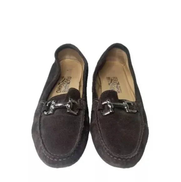 Salvatore Ferragamo Gancini Flats Women's 7.5 2A Shoes Brown Suede