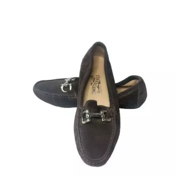 Salvatore Ferragamo Gancini Flats Women's 7.5 2A Shoes Brown Suede