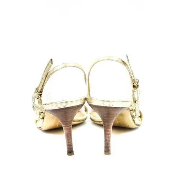 Salvatore Ferragamo, gold snakeskin print leather/lame, strappy, kitten heels