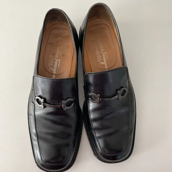 Salvatore Ferragamo Horsebit Loafers Mens Size 8 EE Black Leather Gancini Shoes