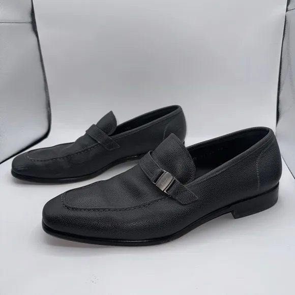 Salvatore Ferragamo Mens Black Leather Shoes‎ 10 EE Side Gancini Buckle Loafers