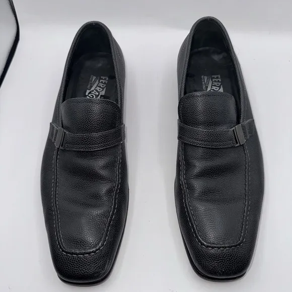 Salvatore Ferragamo Mens Black Leather Shoes‎ 10 EE Side Gancini Buckle Loafers