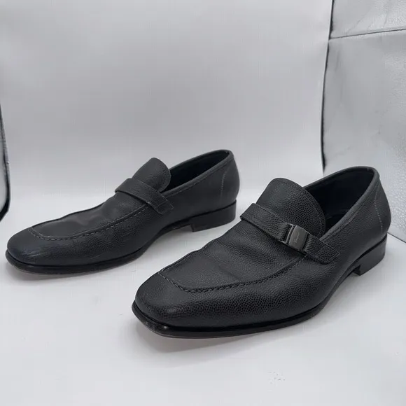 Salvatore Ferragamo Mens Black Leather Shoes‎ 10 EE Side Gancini Buckle Loafers