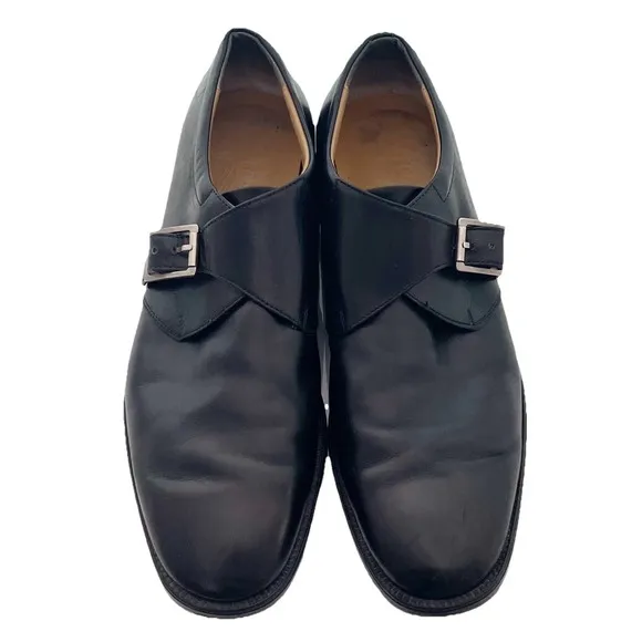 Salvatore Ferragamo Mens Black Leather Single Monk Buckle Dress Shoes Size 9.5D