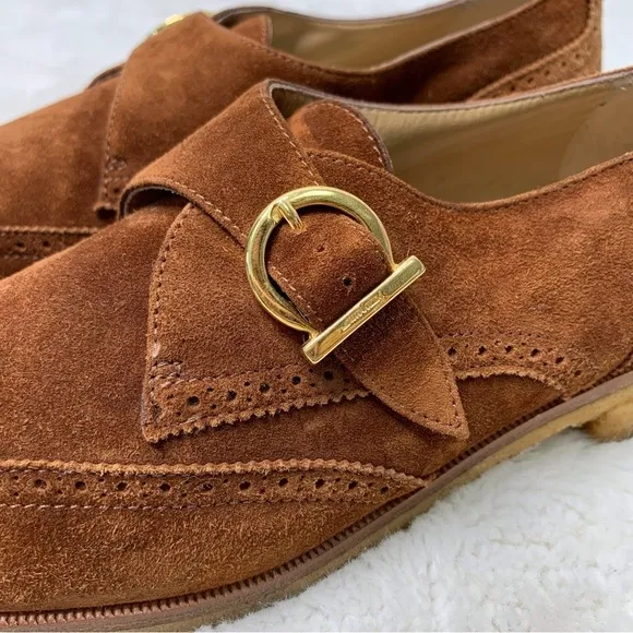 Salvatore Ferragamo Narrow Deauville Italy Smuff Suede Brown Shoes Size 7.5