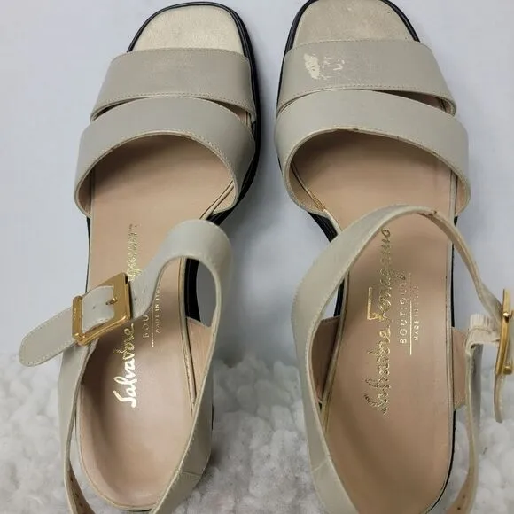 Salvatore Ferragamo Womens 6 B Sandals Tan Gold Leather Ankle Strap Open Toe