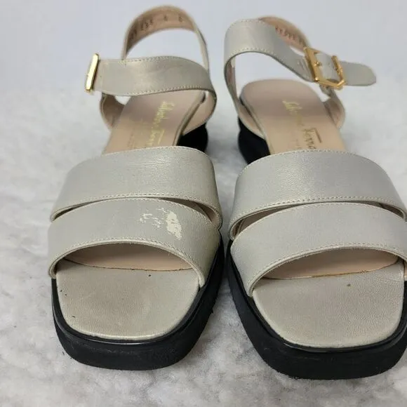 Salvatore Ferragamo Womens 6 B Sandals Tan Gold Leather Ankle Strap Open Toe