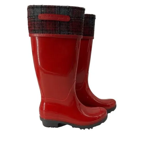 Salvatore Ferragamo Wellington Red Rain Boots Plaid Cuff Designer Display Sz 8