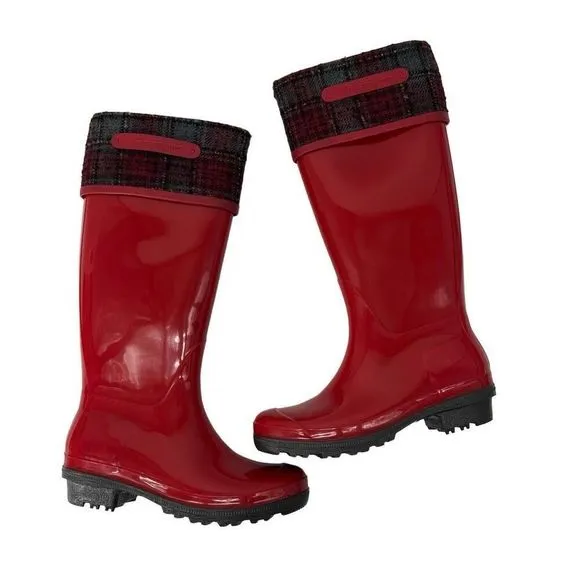 Salvatore Ferragamo Wellington Red Rain Boots Plaid Cuff Designer Display Sz 8