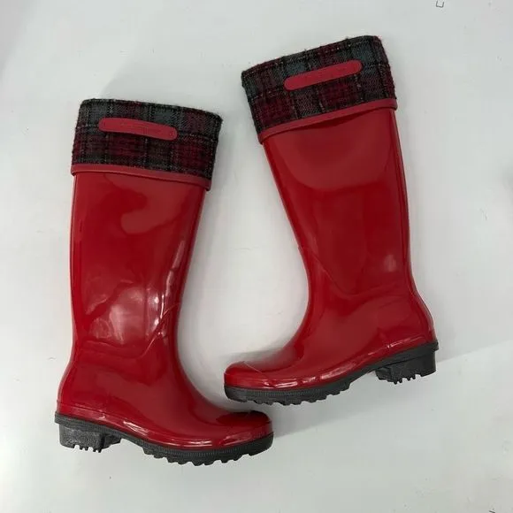 Salvatore Ferragamo Wellington Red Rain Boots Plaid Cuff Designer Display Sz 8