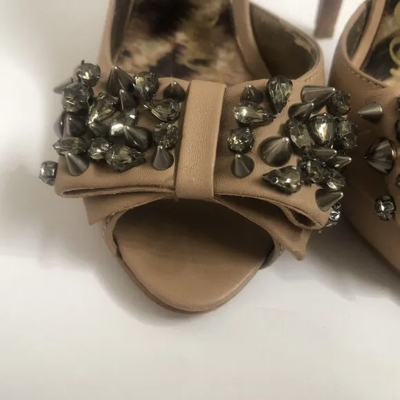 Sam Edelman Heels Tan beige Leather Shoes size 9 with bow and stones