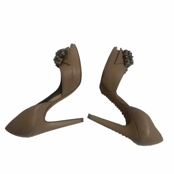 Sam Edelman Heels Tan beige Leather Shoes size 9 with bow and stones