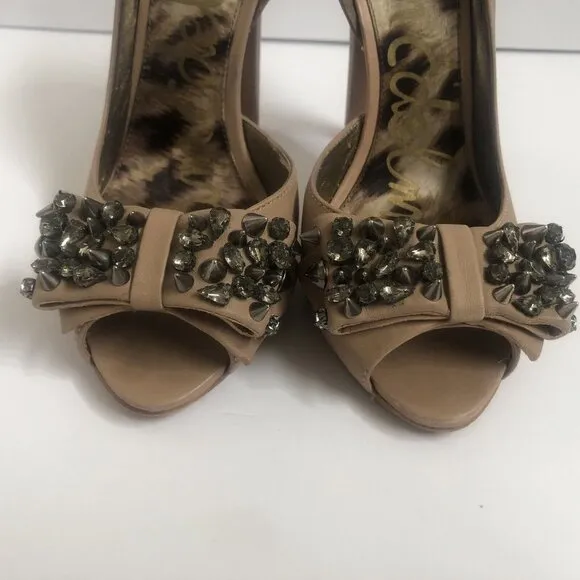Sam Edelman Heels Tan beige Leather Shoes size 9 with bow and stones