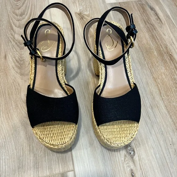SAM EDELMAN Immie Platform Sandals Black Linen Size 8