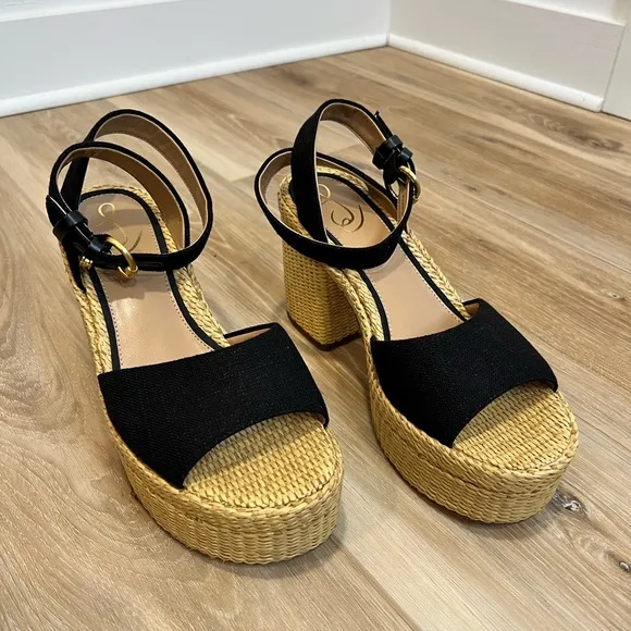 SAM EDELMAN Immie Platform Sandals Black Linen Size 8