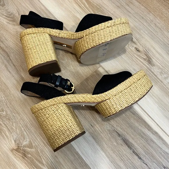 SAM EDELMAN Immie Platform Sandals Black Linen Size 8