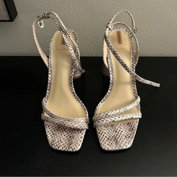 Sam Edelman Tan Metallic Kia Snake Printed Sandals Ankle Strap Block Heel