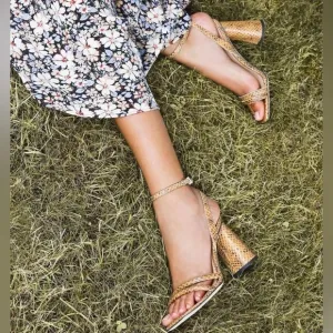 Sam Edelman Tan Metallic Kia Snake Printed Sandals Ankle Strap Block Heel