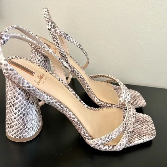 Sam Edelman Tan Metallic Kia Snake Printed Sandals Ankle Strap Block Heel
