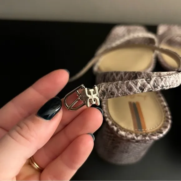 Sam Edelman Tan Metallic Kia Snake Printed Sandals Ankle Strap Block Heel