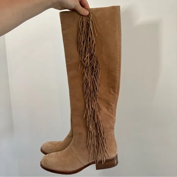 Sam Edelman Women Josephine Boots Suede Beige Tall Fringe Size 8 Festival