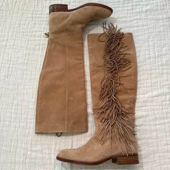 Sam Edelman Women Josephine Boots Suede Beige Tall Fringe Size 8 Festival