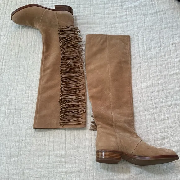 Sam Edelman Women Josephine Boots Suede Beige Tall Fringe Size 8 Festival