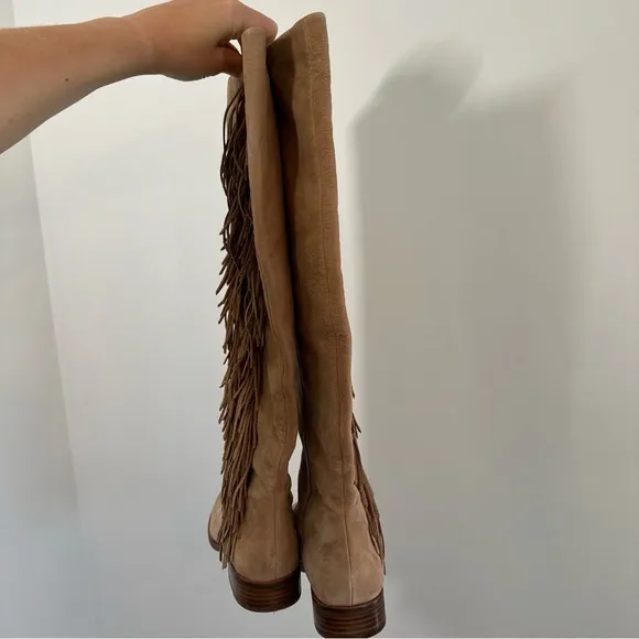 Sam Edelman Women Josephine Boots Suede Beige Tall Fringe Size 8 Festival