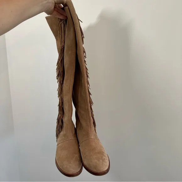 Sam Edelman Women Josephine Boots Suede Beige Tall Fringe Size 8 Festival