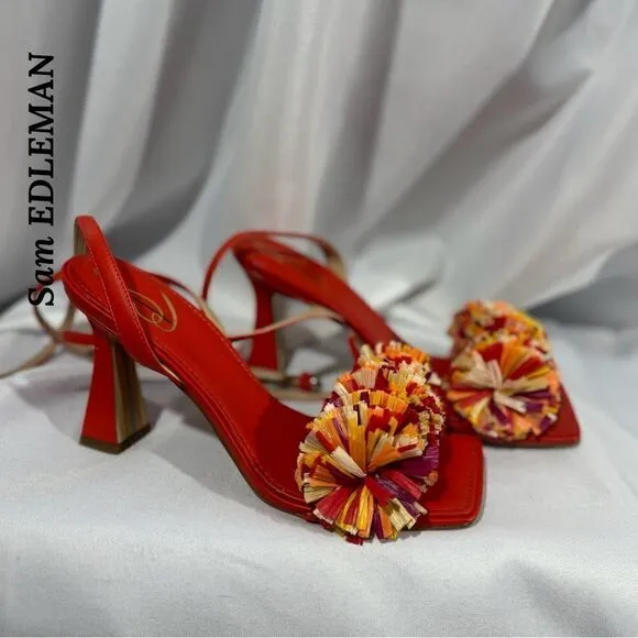 SAME EDELMAN CLARE EMBELLISHED SANDALS IN BRIGHT POMPOM SIZE 8.5M 38.5