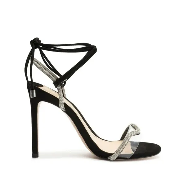 Schutz Cath Black Tie Up Rhinestone Embellished Clear Open Toe Heeled Sandals