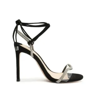 Schutz Cath Black Tie Up Rhinestone Embellished Clear Open Toe Heeled Sandals