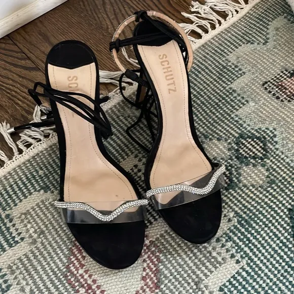 Schutz Cath Black Tie Up Rhinestone Embellished Clear Open Toe Heeled Sandals