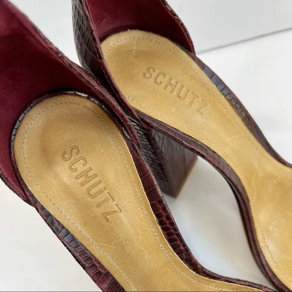 SCHUTZ Enida Croc Embossed Ankle Strap Heeled Sandal NEW Size 10 Red Wine