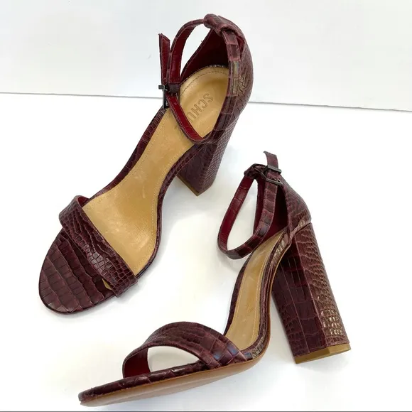 SCHUTZ Enida Croc Embossed Ankle Strap Heeled Sandal NEW Size 10 Red Wine
