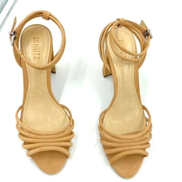 Schutz Nicolai Strappy Sandals Chunky Heel Open Toe Honey Beige NWT Size 10