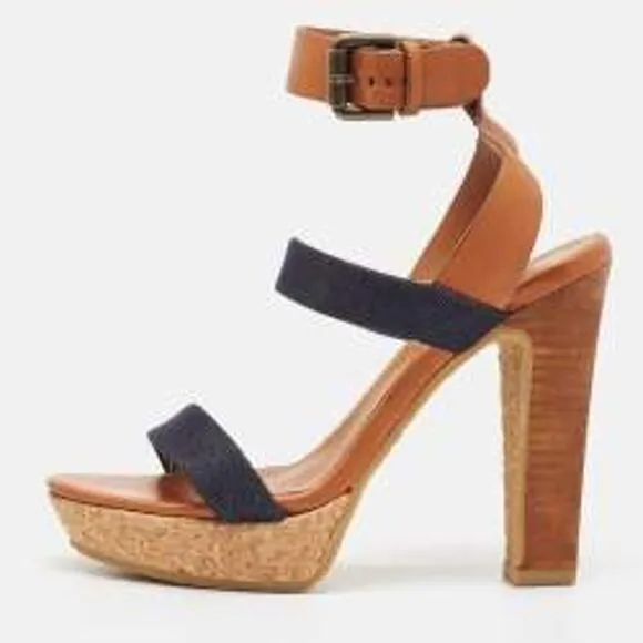 See by Chloe Canvas Denim Ankle Strap Sandals High Heel Size 8.5