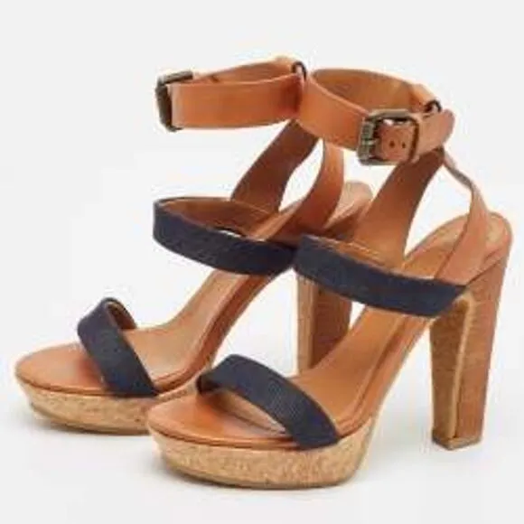 See by Chloe Canvas Denim Ankle Strap Sandals High Heel Size 8.5