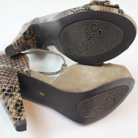 Seychelles Heritage Snake Print Leather Bow Peep Toe Heels Womens Shoe Size 6