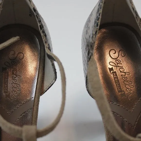 Seychelles Heritage Snake Print Leather Bow Peep Toe Heels Womens Shoe Size 6
