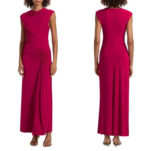 SIMKHAI Acacia Sleeveless Draped Midi-Dress in Cherry Size XS $495