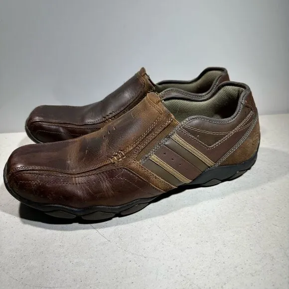 Skechers Men 12 Brown Leather Slip On Loafer Bicycle Toe Driving Casual Shoes