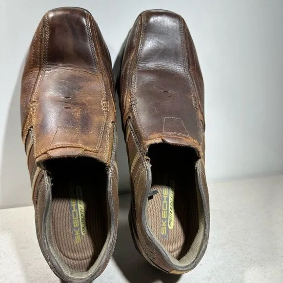 Skechers Men 12 Brown Leather Slip On Loafer Bicycle Toe Driving Casual Shoes