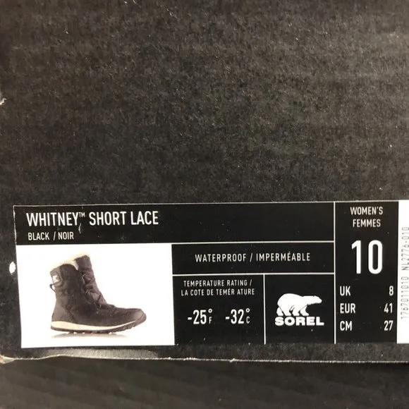 Sorel Women's Whitney Short Lace Black Waterproof Boots, Size 10 M